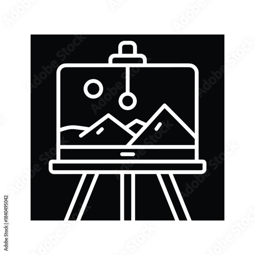 White outline of landscape painting on easel against black
