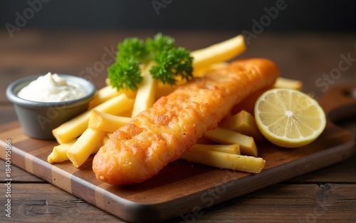 Classic fish and chips served with lemon and parsley on a wooden board. High quality