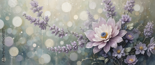Impressionist palette knife painting, focused on lavender, sage green, and cream, delicate floral art, gentle breeze motion and circular bokeh, seamless damask pattern, pearl white glaze edge outline,