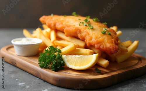 Classic fish and chips served with lemon and parsley on a wooden board. High quality