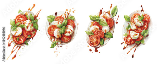 Italian caprese salad with fresh mozzarella, tomatoes, and basil. Mediterranean food illustration perfect for summer menu design, coastal cuisine poster, or culinary recipe card.