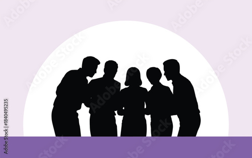 Group of coworkers standing in a circle having a discussion, solid flat black vector silhouette