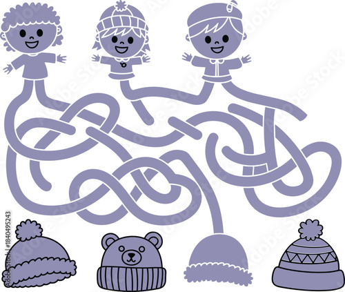 Winter hat maze puzzle for kids — black-and-white cartoon activity with children, tangled paths, and matching hats for learning fun