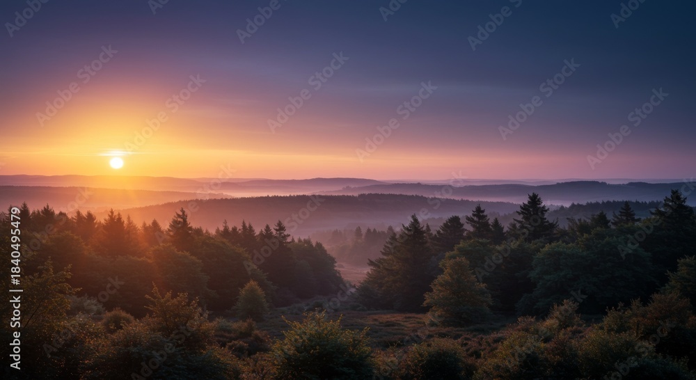 Obraz premium Vibrant Sunrise Over Foggy Forest Landscape