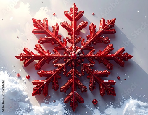 A vibrant, detailed red snowflake casts a shadow on a snow-covered surface with subtle highlights. Small red spheres are scattered nearby
