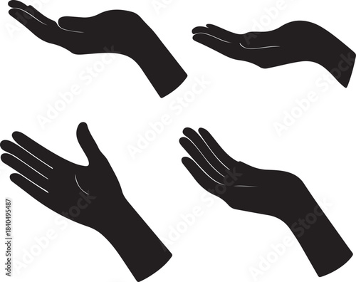 Black silhouette vector illustration of human hands in various open palm gestures, side view, isolated on white background