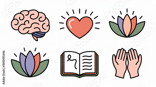 Set of wellness and self care icons including brain heart lotus flowers open book and hands flat vector illustration for health and mindfulness concepts