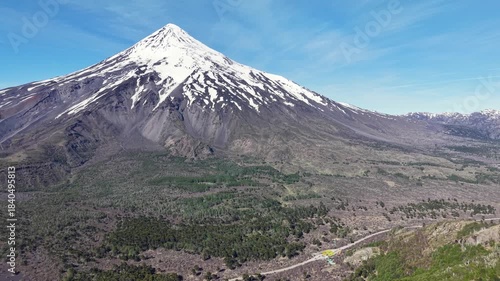 Aerial view of the Mamuil Malal checkpoint on the border. Customs between Argentina and Chile. With Lanín volcano in the background.