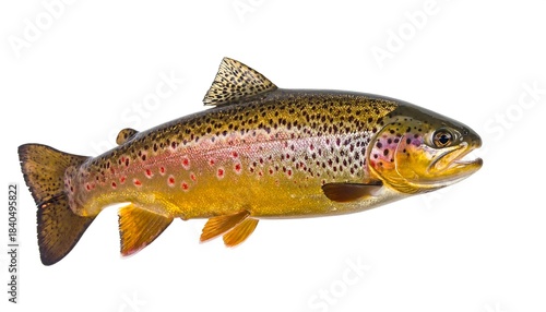 A vibrant, detailed shot of a single fish with a speckled body. It has fins, and a mouth, isolated against a white background