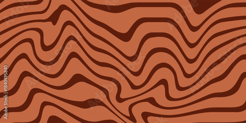 Retro coffee color background. Milk chocolate liquid dessert texture. Wavy swirl candy pattern for poster, cover, banner, pamphlet. Vintage brown trippy hippie wallpaper in 60s or 70s style. Vector