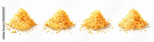 Watercolor set of grated cheeses. Grated parmesan shavings. Cheese for making pasta, pizza, etc. Dairy products of hard cheeses for cooking. Vector illustration.