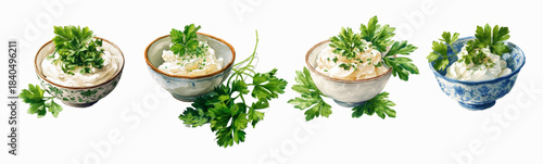 Watercolor yogurt bowl illustration with creamy dairy product, fresh parsley. Greek yogurt set with sour cream, perfect for breakfast recipes and homemade dips.