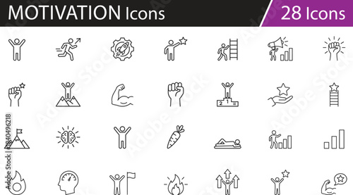 Minimalist black line vector icons set representing personal growth, motivation, achievement, and success, ideal for self-improvement content, educational materials, goal setting visuals
