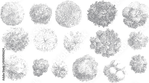 Fifteen top down view illustrations of various trees rendered in grey stippling on a white background