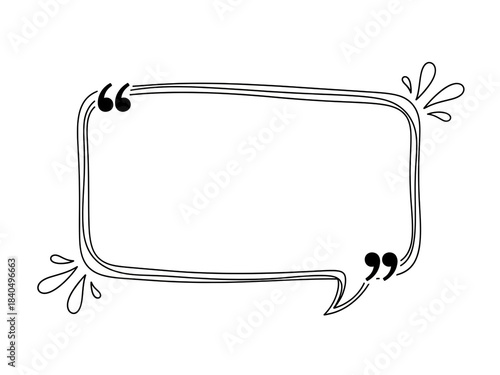 A black and white quote bubble outline with decorative elements isolated on white background