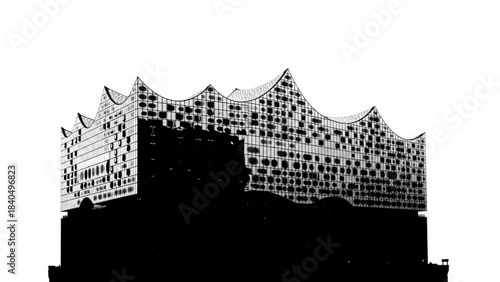 Modern Architectural Marvel: A striking black and white silhouette of a contemporary concert hall, its unique undulating roofline and facade creating a dramatic visual statement.