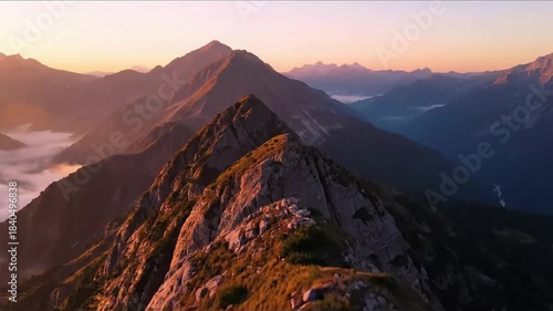 Misty dawn light revealing hidden valleys with flying over the beautiful mountain effect nature landscape style featuring mountain