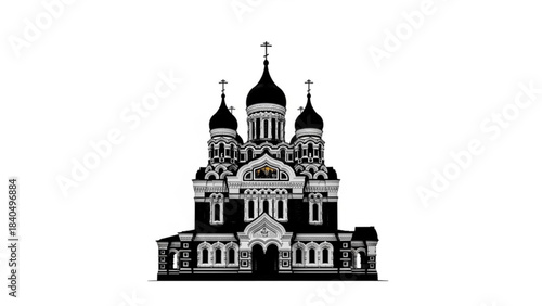 Architectural Marvel: A detailed, monochrome depiction of a grand cathedral, showcasing intricate architectural details and soaring spires.