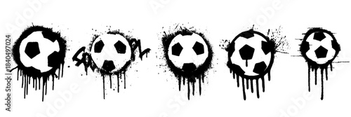 Set of grunge messy graffiti spray painted soccer football balls with drips and splatters