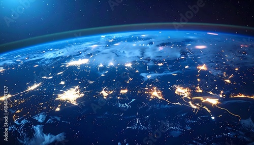 A vibrant, detailed view of planet Earth at night, showing city lights across a dark ocean and continent. The image is taken from space