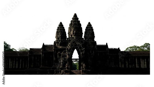 Ancient Stone Gateway: An impressive shot of an ancient stone gateway of Angkor Wat in a lush landscape, the towering structure stands as a testament to history and the power of human ingenuity.