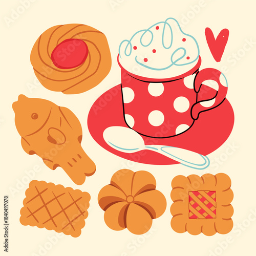 Various tasty crispy Cookies. Different biscuits, shortbread cookies, coffee mug with foamy cream, spoon. Bakery, dessert, sweets concept. Hand drawn Vector illustration