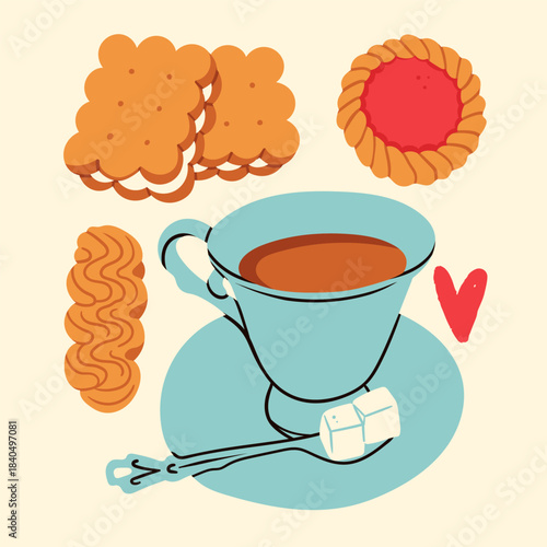 Various tasty crispy Cookies. Different biscuits, shortbread cookies, tea cup, spoon with sugar cubes. Bakery, dessert, sweets concept. Hand drawn Vector illustration