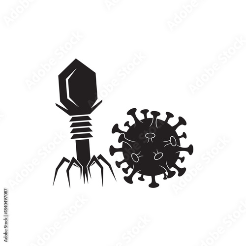 Bacteriophage Attacking Virus, Black Silhouette Illustration on White Background