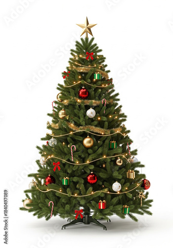 decorated christmas tree isolated in white background