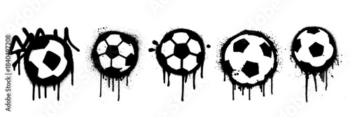 Set of grunge messy graffiti spray painted soccer football balls with drips and splatters