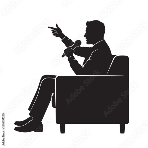 Man Sitting on Sofa Holding Microphone and Pointing, Silhouette Illustration, Isolated on White