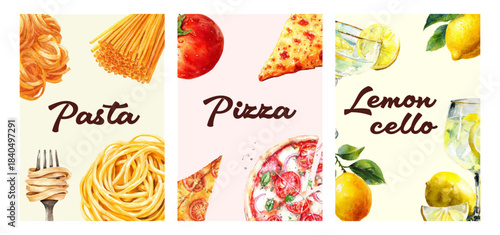 Vintage Italian poster design with Amalfi lemons, pasta, and Mediterranean summer motifs. Perfect menu template featuring coastal Italy food illustrations and retro graphic elements.