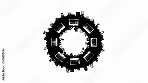 Circular arrangement of modern office desks with computers, symbolizing teamwork and collaboration