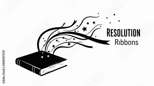Open book releasing flowing ribbons and stars, symbolizing imagination and creativity.