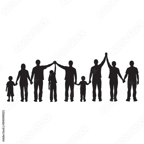 Happy Family Silhouettes Holding Hands on White Background