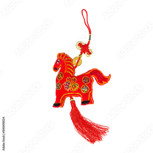chinese horse knot on white background, 2026 is year of the horse,Chinese word on golden coin Translation:good luck for money