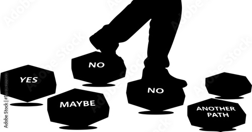 Person stepping on conceptual blocks, navigating a path of crucial decisions and options