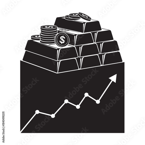 Financial growth concept with gold bars and coins, upward trend graph for investment and wealth