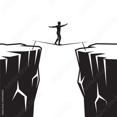 lone figure carefully balancing on a narrow tightrope stretched across a deep chasm, symbolizing risk, determination, and overcoming formidable challenges
