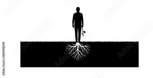 Man with roots connecting to the ground holding a flower