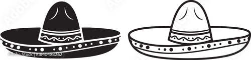 Two Sombrero Hats One Black Silhouette One White Outline With Decorative Band Mexican