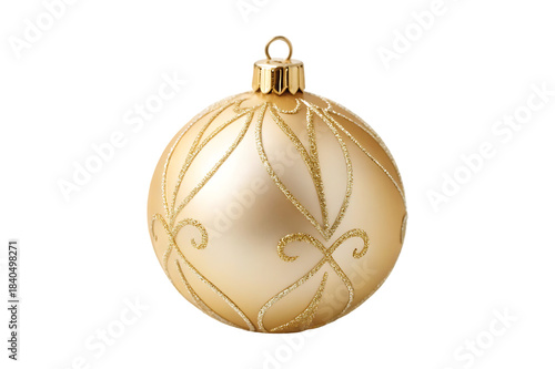 Elegant Matte Gold Christmas Bauble with Glitter Filigree Design isolated on white background.   Gold Bauble illustration on white 