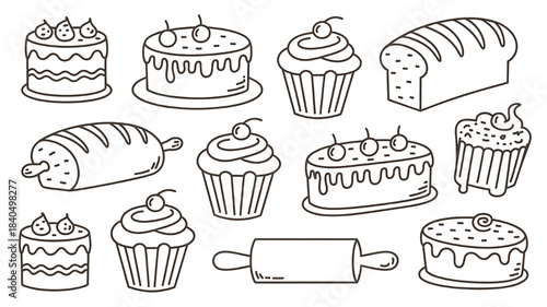 Collection of hand-drawn baking icons including cakes cupcakes and bread perfect for bakery branding and recipe illustrations