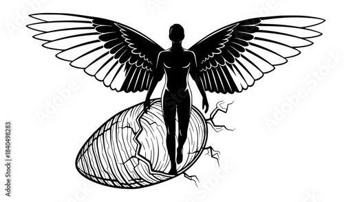 Emergence of a winged human from a cracked eggshell, symbolic of rebirth and transformation