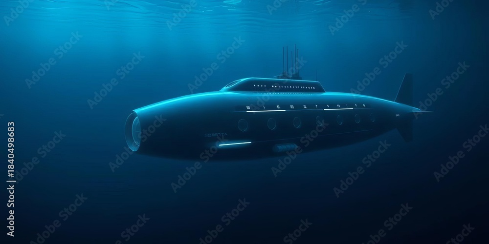 Fototapeta premium Sleek, futuristic submarine submerged in dark ocean depths, navy, strategic
