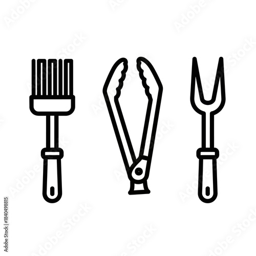 BBQ Tools - Outline Illustration of Basting Brush, Tongs, and Fork for Grilling.