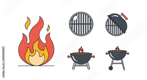 BBQ Grill and Fire Icons Set for Outdoor Cooking.