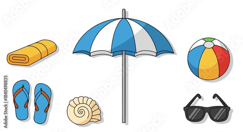 Beach Essentials - Towel, Umbrella, Ball, Flip-Flops, Seashell, and Sunglasses.