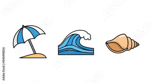 Beach Icons - Striped Umbrella, Blue Wave, and Tan Seashell with Black Outlines.