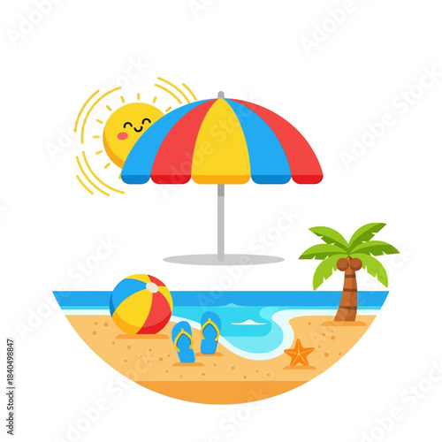 Beach Scene with Umbrella, Palm Tree, Ball, Flip-Flops, Starfish, Sun, and Water.